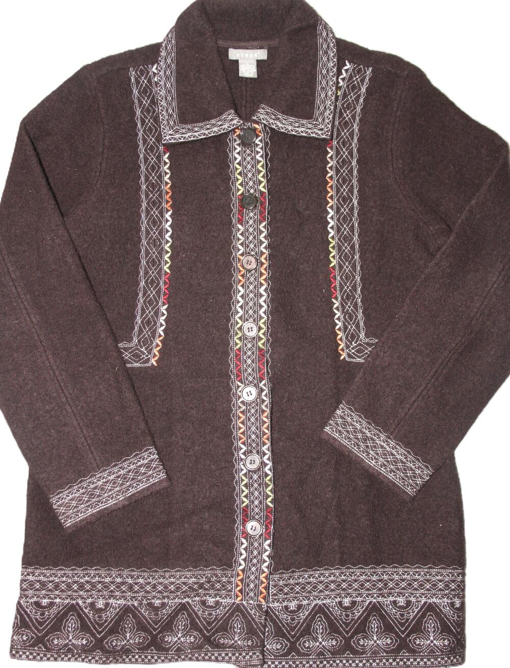 Kenar Sweater Wool Coat Womens Large Brown Long Embroidered Button Front Jacket